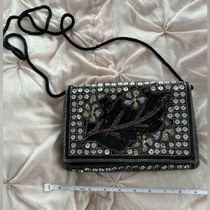 Beaded Floral Black Evening Clutch with Rope Strap